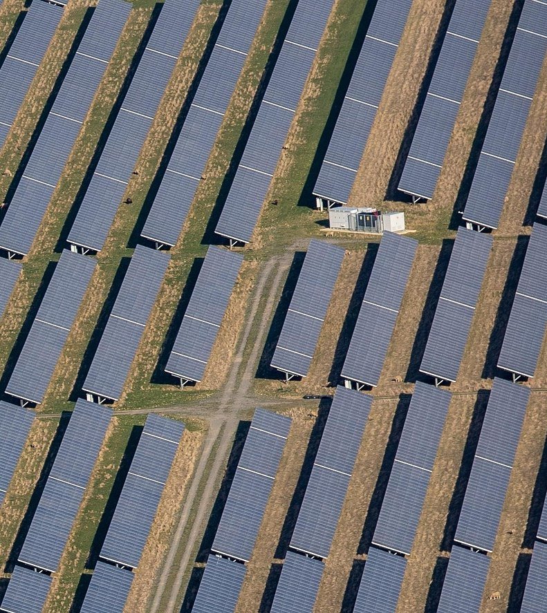 Rows of solar panels at a solar farm